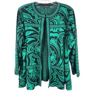 Ming Wang Jacket Womens 3X Green Teal Black Knit Open Front Cardigan Trim